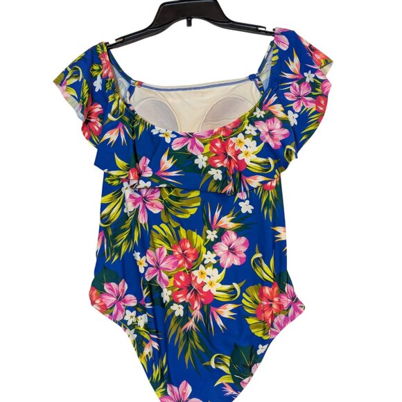 Kona Sol Off-The-Shoulder Floral One-Piece Swimsuit With Flounce Sleeves & Tropi - Picture 2 of 3